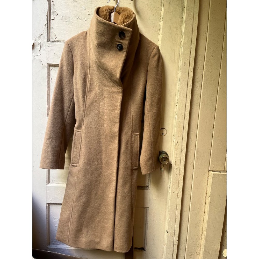 Sam Edelman camel color belted wool furry neck long pea coat 10